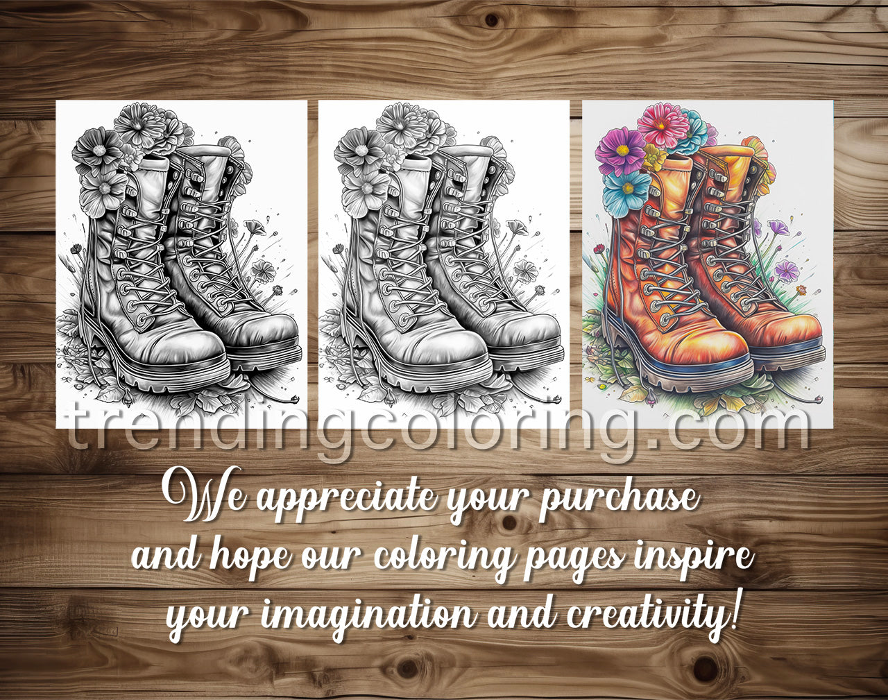 25 Blooming Boots Grayscale Coloring Pages - Instant Download - Printable PDF