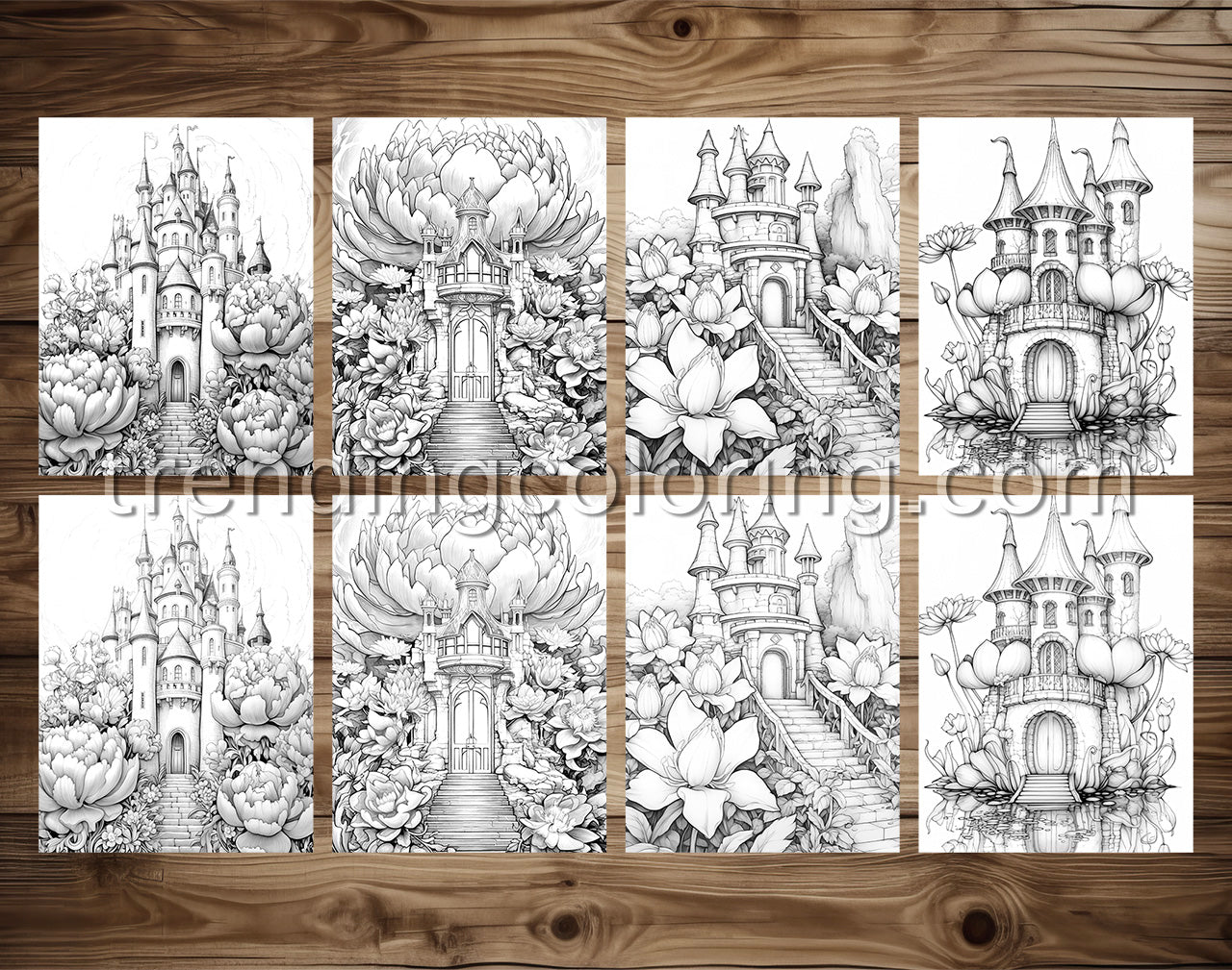 25 Blooming Castles Grayscale Coloring Pages - Instant Download - Printable PDF