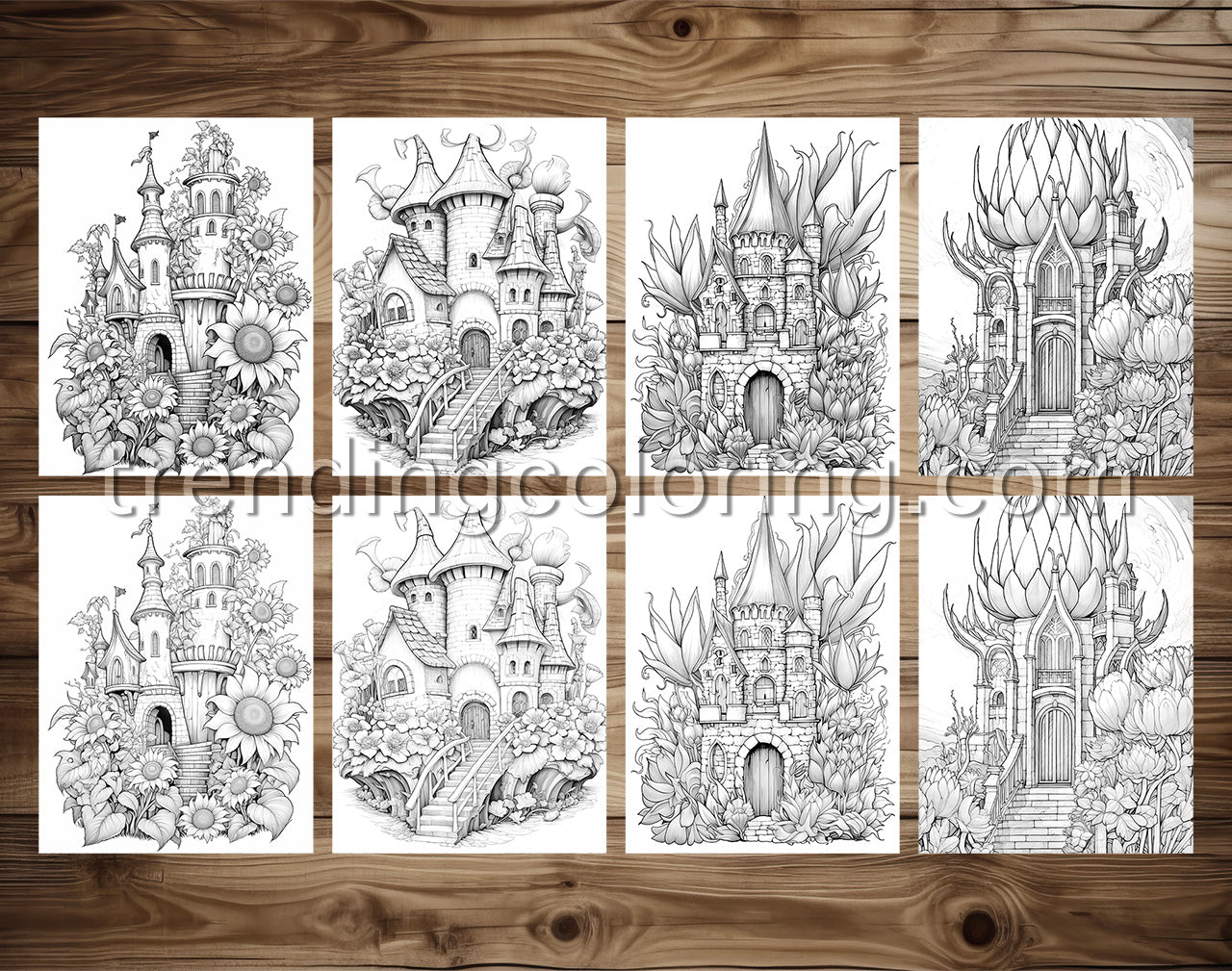 25 Blooming Castles Grayscale Coloring Pages - Instant Download - Printable PDF
