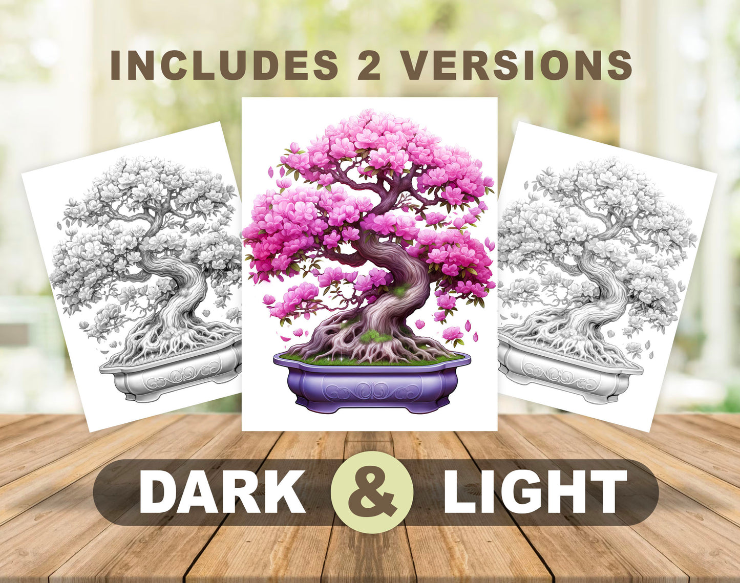25 Bonsai Tree Grayscale Coloring Pages - Instant Download - Printable Dark/Light