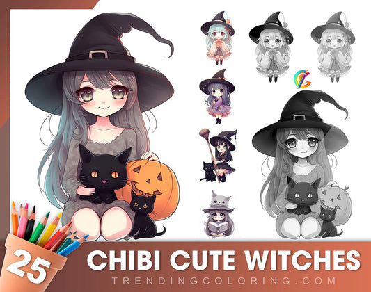 25 Chibi Cute Witch Grayscale Coloring Pages - Instant Download - Printable Dark/Light