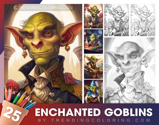 25 Enchanted Goblins Grayscale Coloring Pages- Instant Download - Printable Dark/Light