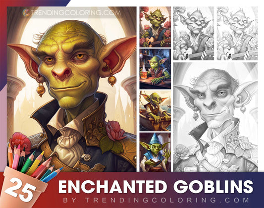 25 Enchanted Goblins Grayscale Coloring Pages- Instant Download - Printable PDF Dark/Light