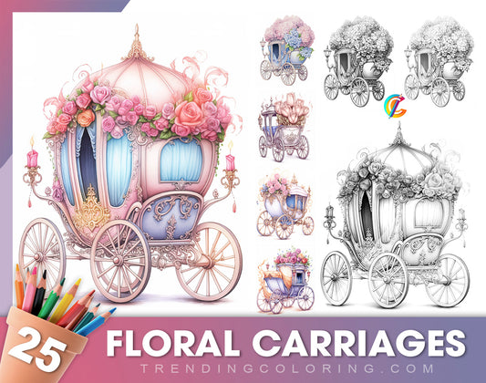 25 Floral Carriage Grayscale Coloring Pages - Instant Download, Dark/Light Illustration - Printable PDF
