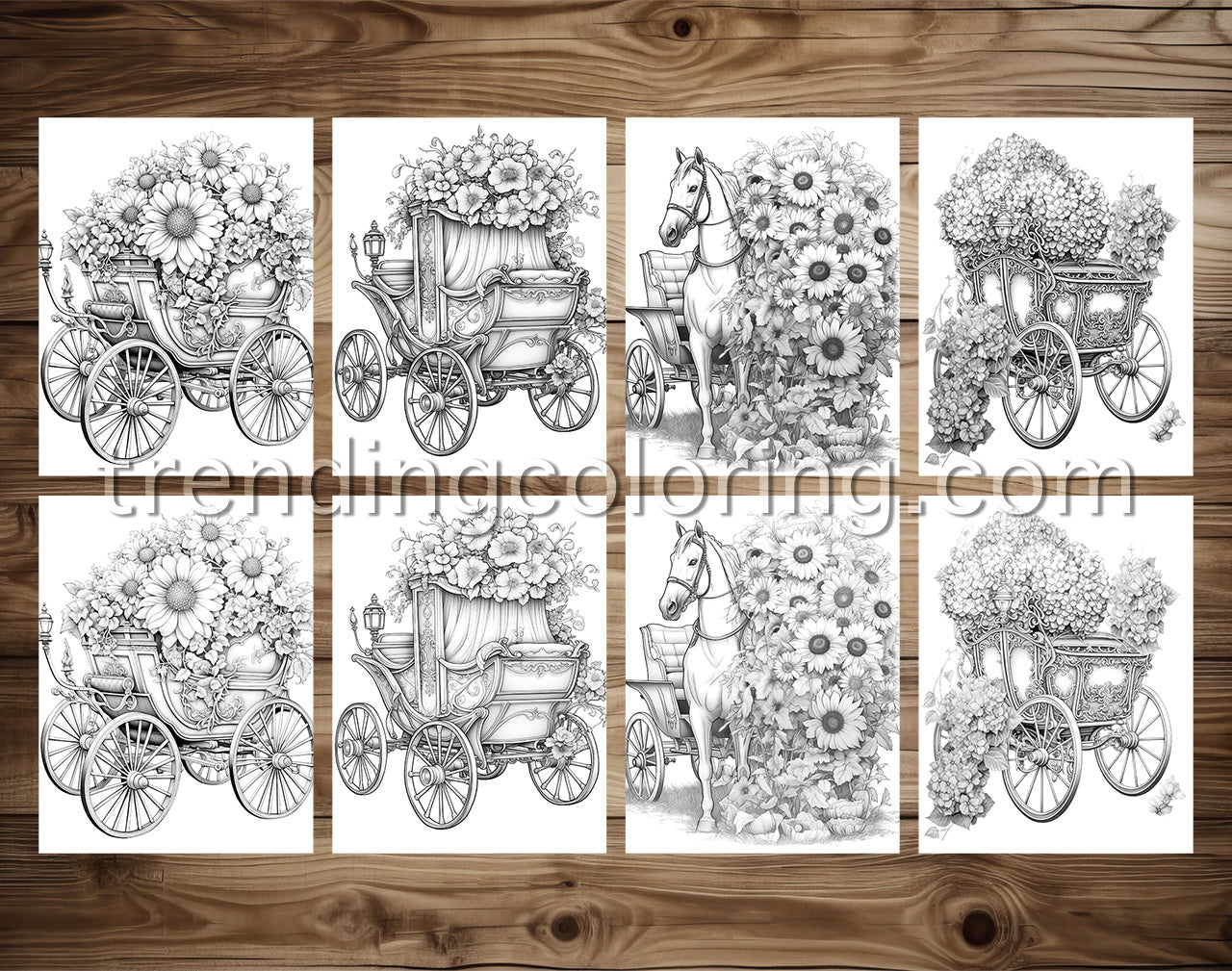 25 Floral Carriage Grayscale Coloring Pages - Instant Download, Dark/Light Illustration - Printable PDF
