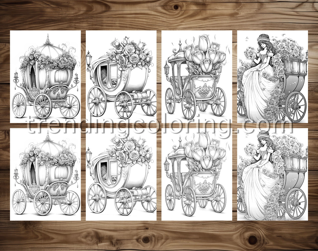 25 Floral Carriage Grayscale Coloring Pages - Instant Download, Dark/Light Illustration - Printable PDF