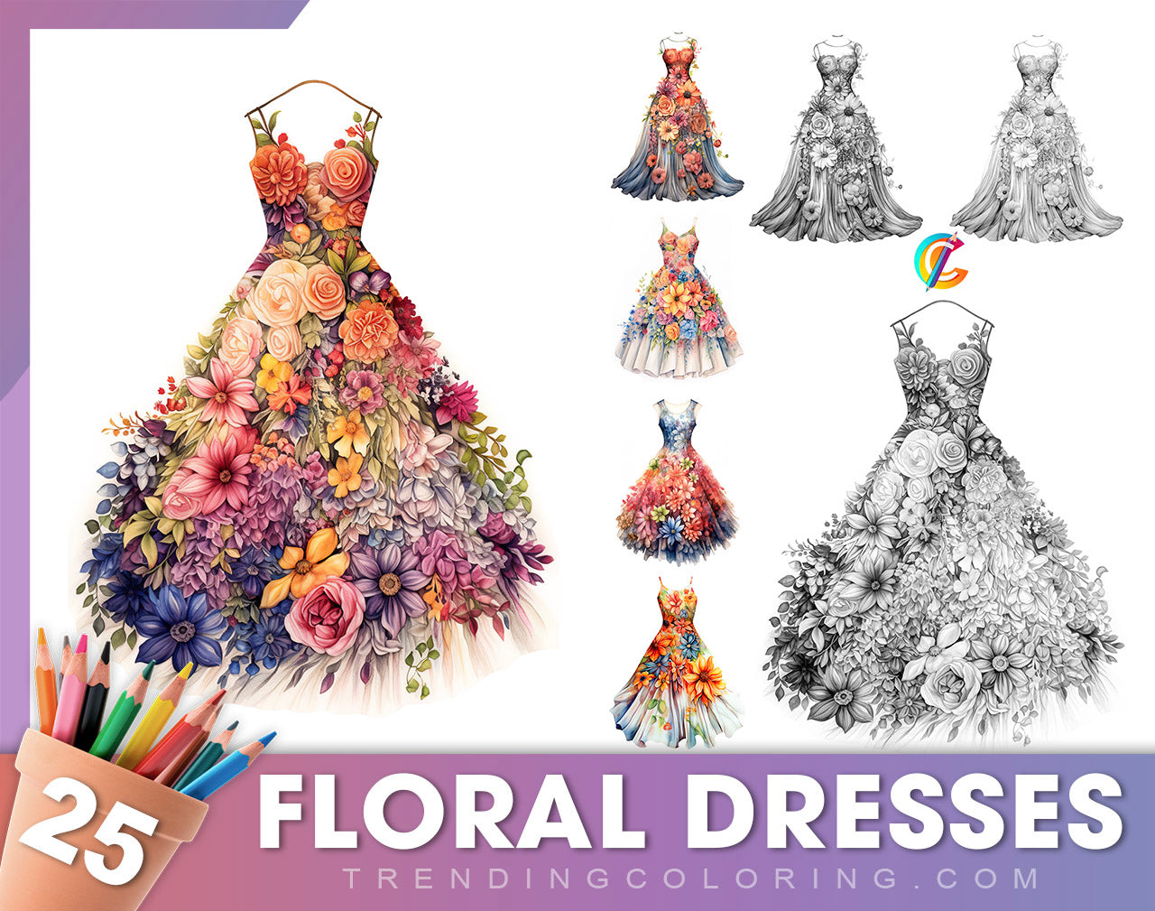 25 Floral Dress Grayscale Coloring Pages  - Instant Download - Printable PDF Dark/Light
