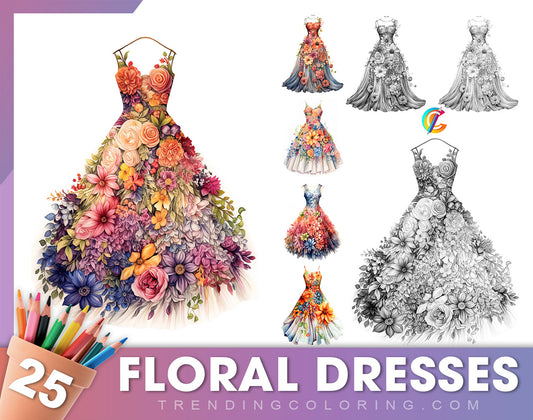 25 Floral Dress Grayscale Coloring Pages  - Instant Download - Printable PDF Dark/Light