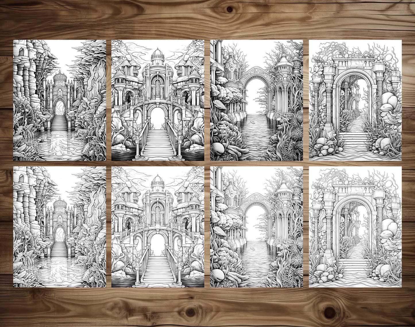 50 Gates Of Mystery Grayscale Coloring Pages - Instant Download - Printable PDF Dark/Light