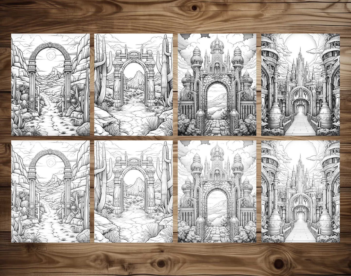 50 Gates Of Mystery Grayscale Coloring Pages - Instant Download - Printable PDF Dark/Light