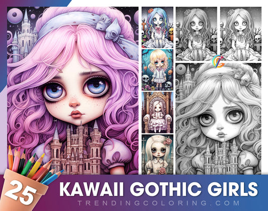 25 Kawaii Gothic Girl Grayscale Coloring Pages - Instant Download - Printable Dark/Light