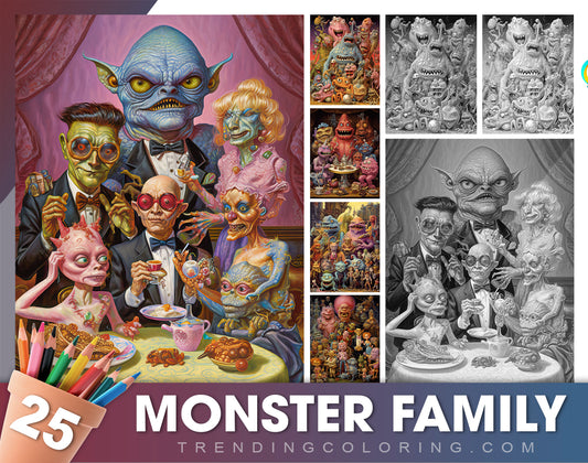 25 Monster Family Grayscale Coloring Pages  - Instant Download - Printable