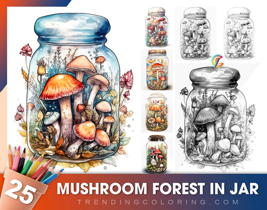 25 Mushroom Forest In Jar Grayscale Coloring Pages - Instant Download - Printable Dark/Light