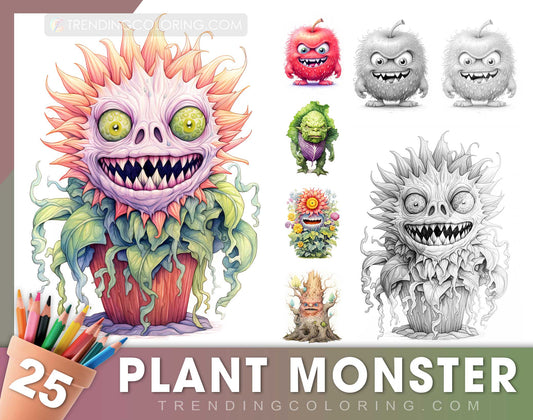 25 Plant Monster Grayscale Coloring Pages - Halloween Coloring - Instant Download - Printable Dark/Light