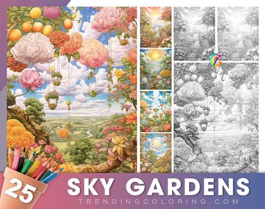 25 Sky Gardens Coloring Pages - Grayscale, Printable PDF