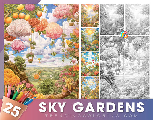 25 Sky Gardens Coloring Pages - Grayscale, Printable