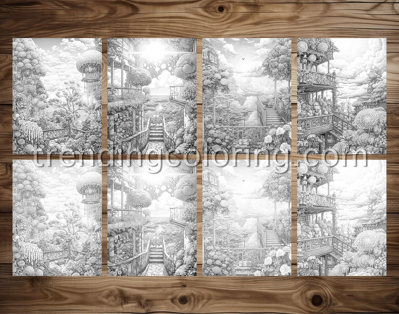 25 Sky Gardens Coloring Pages - Grayscale, Printable PDF