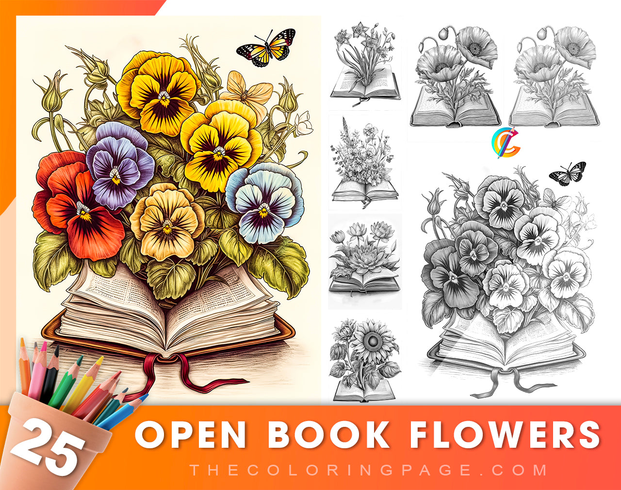 25 Open Book Flowers Grayscale Coloring Pages - Instant Download - Printable PDF Dark/Light