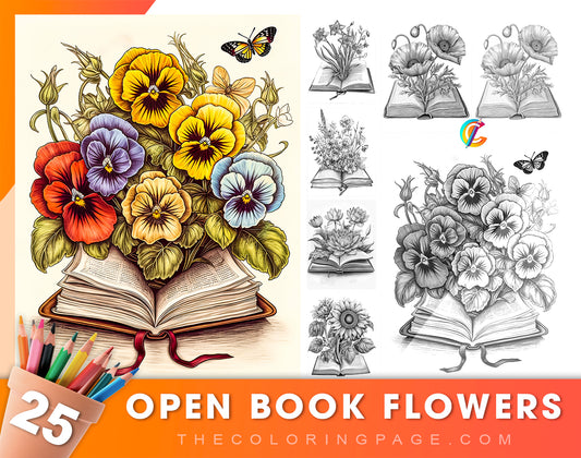 25 Open Book Flowers Grayscale Coloring Pages - Instant Download - Printable PDF Dark/Light
