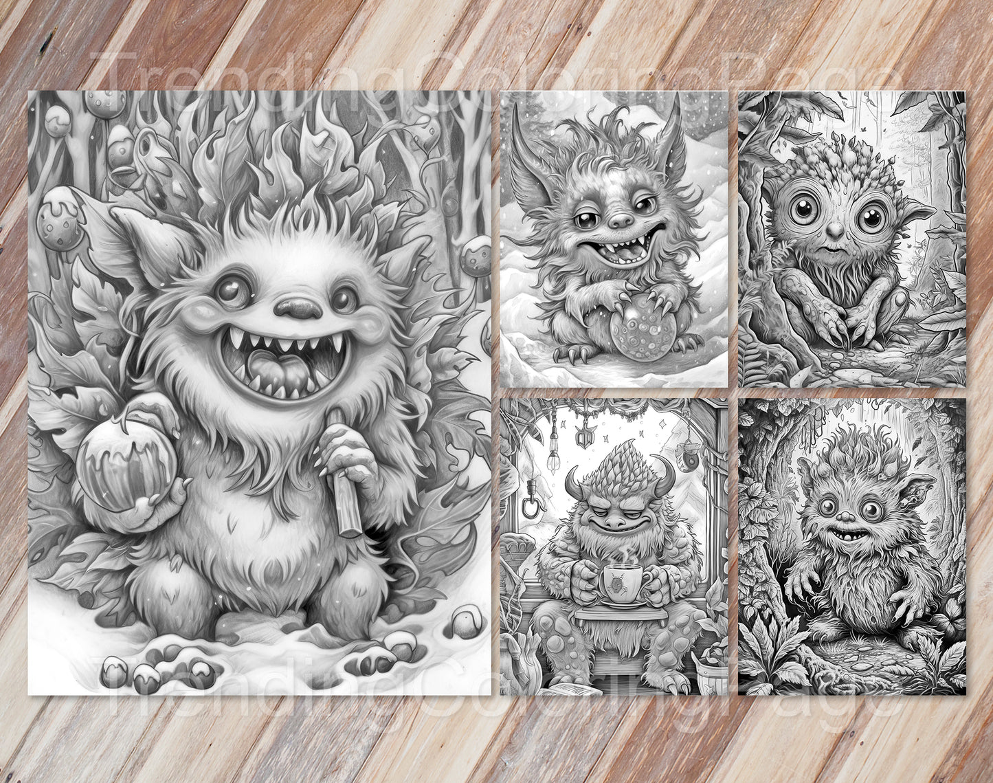25 Adorable Creepy Monsters Grayscale Coloring Pages - Instant Download - Printable PDF – preview 10
