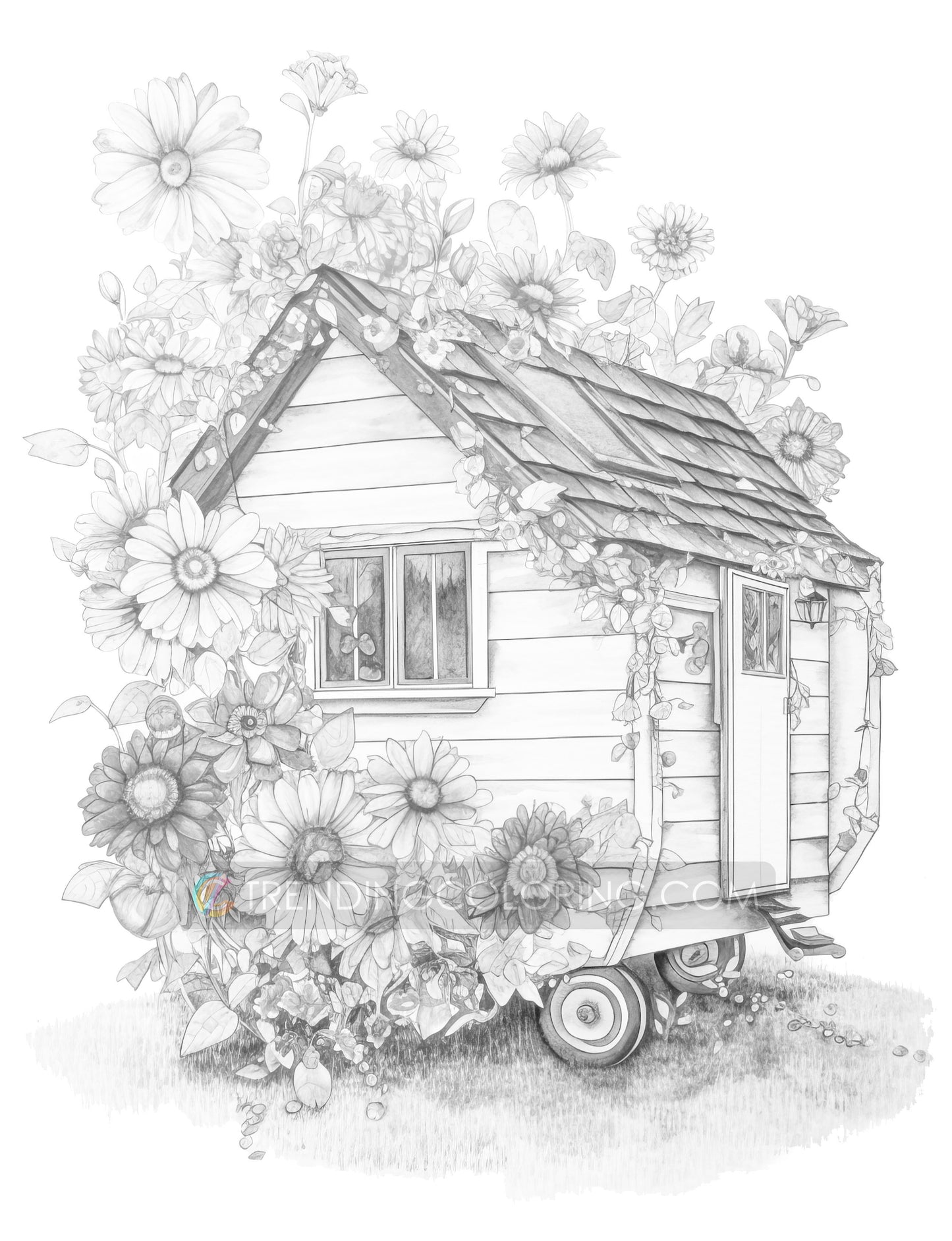 25 Adorable Mini Houses Grayscale Coloring Pages - Instant Download - Printable PDF – preview 9