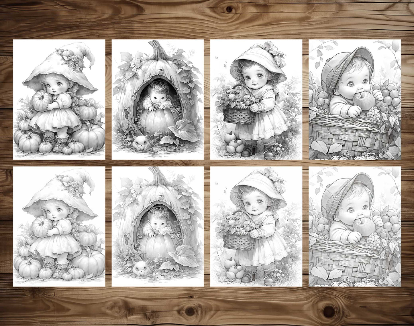 25 Autumn Baby Grayscale Coloring Pages - Instant Download - Printable PDF Dark/Light – preview 4