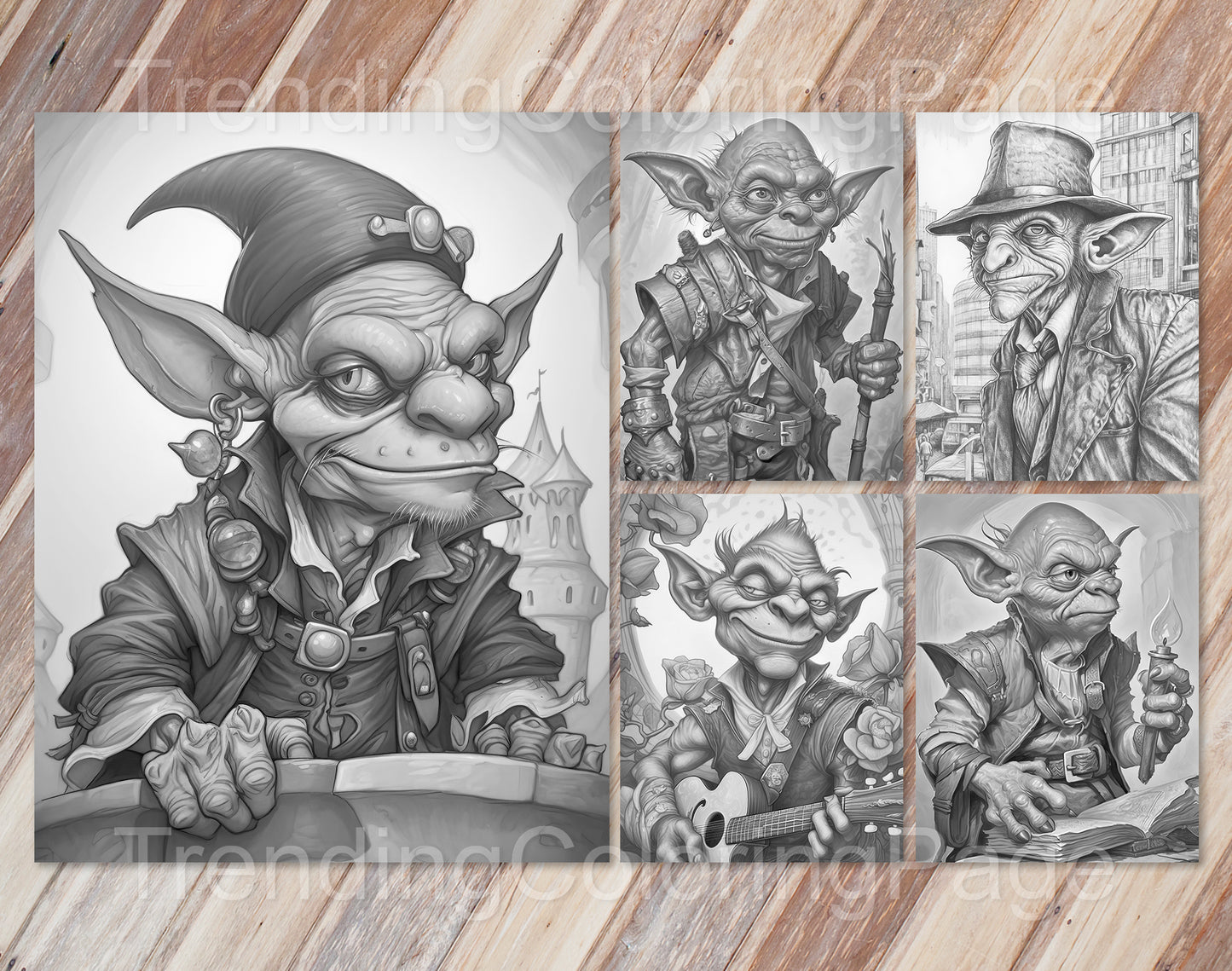 25 Enchanted Goblins Grayscale Coloring Pages- Instant Download - Printable PDF Dark/Light – preview 6