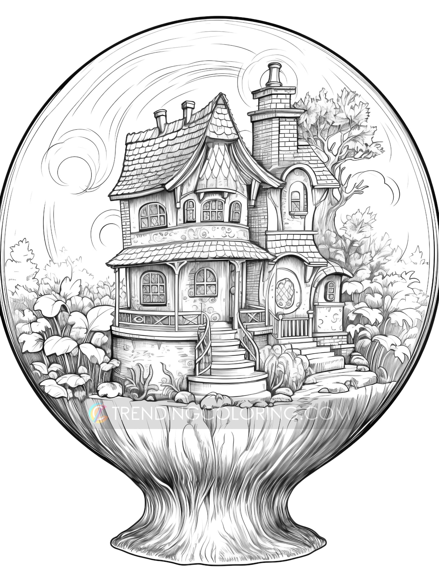 25 Fairy House In Magic Ball Grayscale Coloring Pages - Instant Download - Printable PDF Dark/Light – preview 10