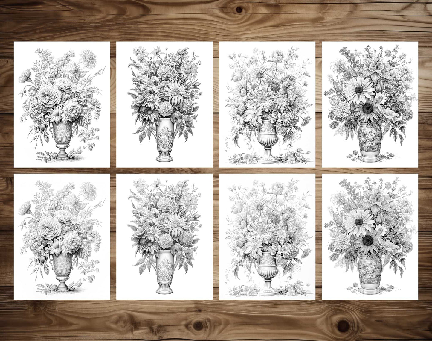 25 Flower Vases Grayscale Coloring Pages - Instant Download - Printable PDF Dark/Light – preview 4