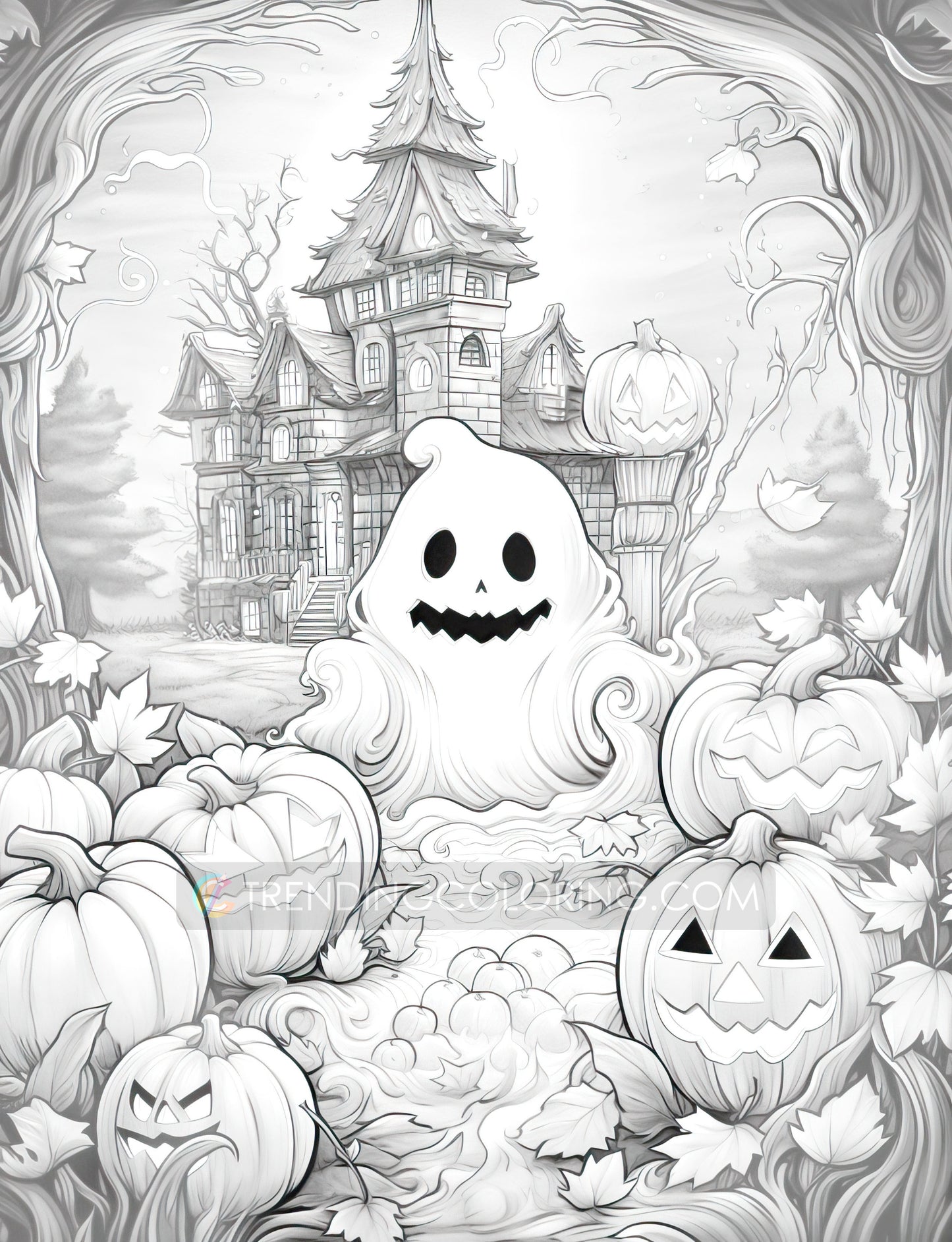 25 Halloween Little Ghost Grayscale Coloring Pages - Instant Download - Printable PDF Dark/Light – preview 8