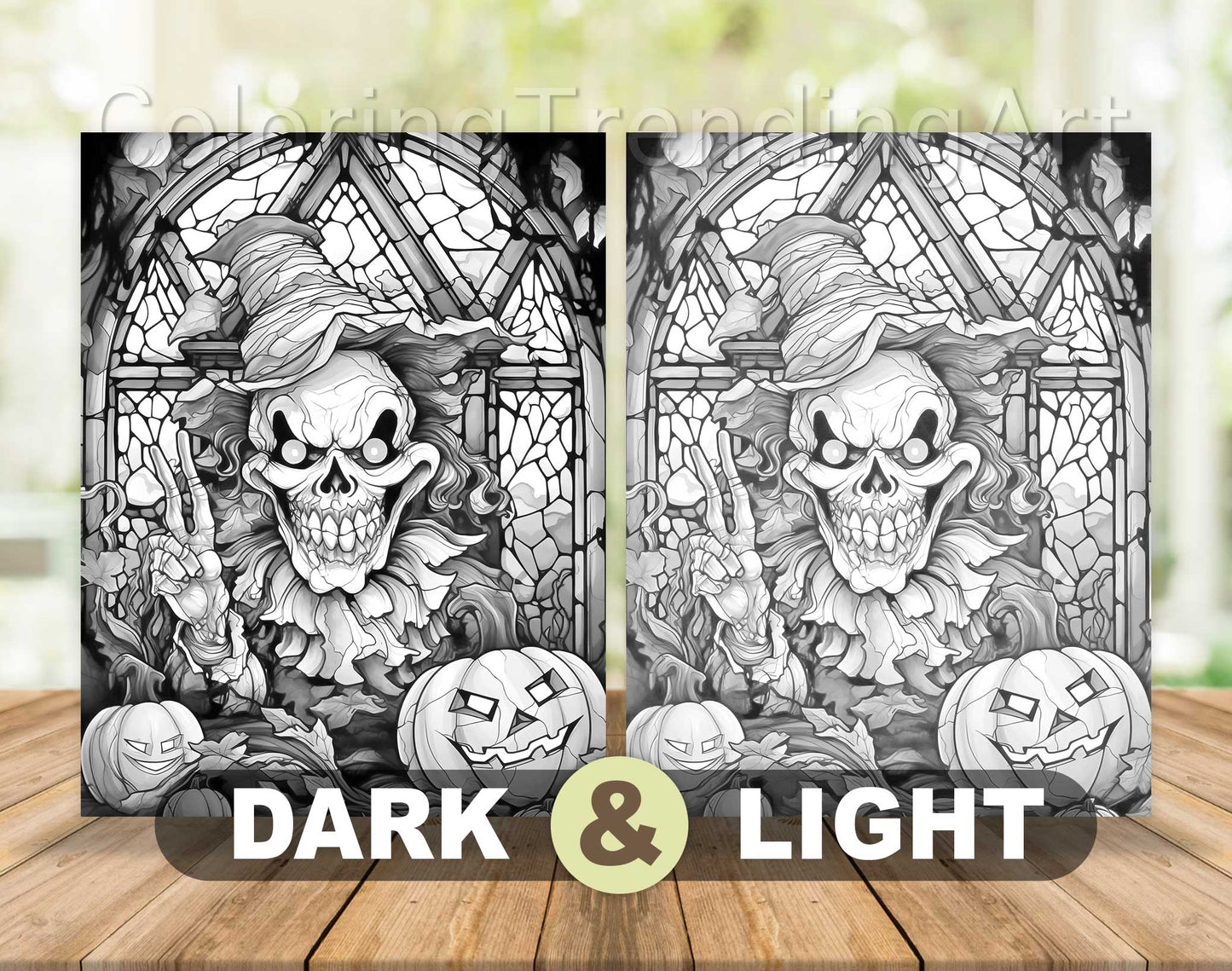25 Halloween Stained Glass Grayscale Coloring Pages - Instant Download - Printable PDF Dark/Light – preview 7