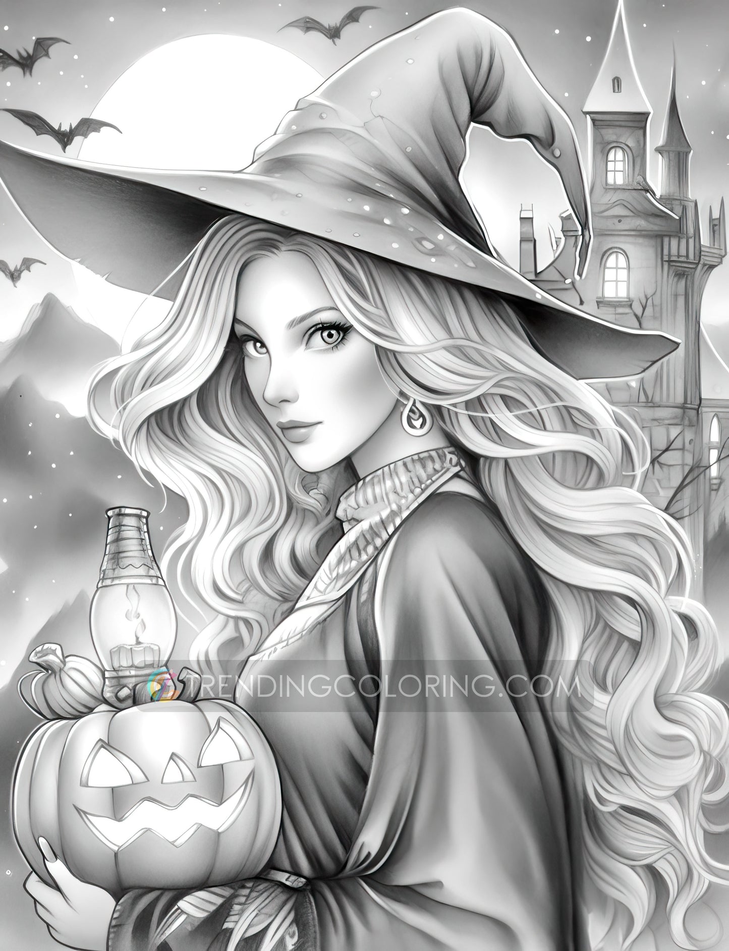 25 Halloween Witches Grayscale Coloring Pages - Halloween Coloring - Instant Download - Printable PDF Dark/Light – preview 10