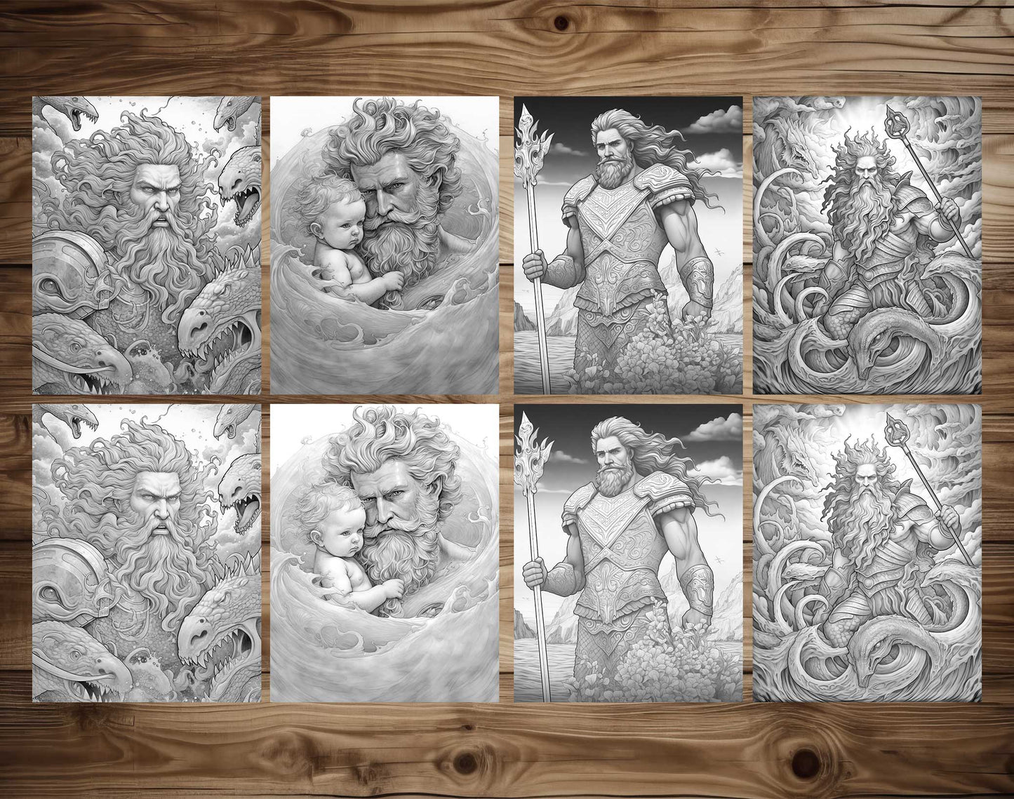 25 King Father Of Ocean Grayscale Coloring Pages - Instant Download - Printable PDF Dark/Light – preview 4