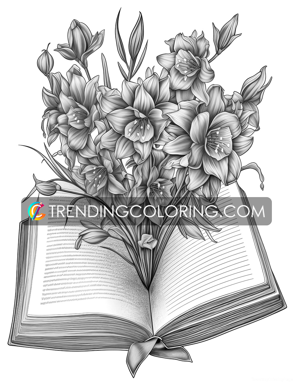 25 Open Book Flowers Grayscale Coloring Pages - Instant Download - Printable PDF Dark/Light – preview 10