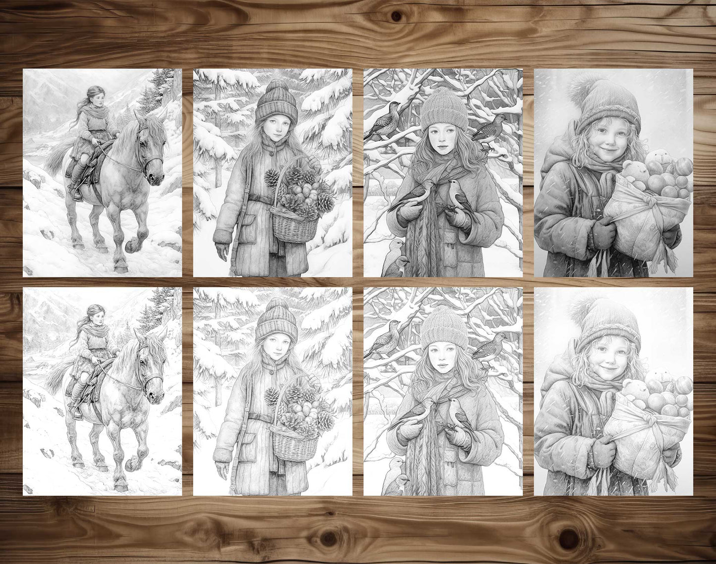 25 Winter Girls Grayscale Coloring Pages - Instant Download - Printable PDF Dark/Light – preview 7