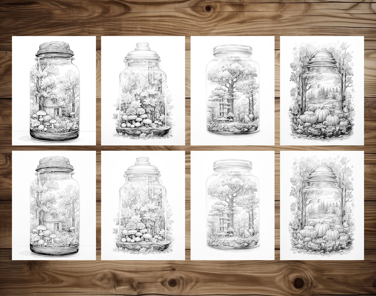 25 Autumn In Jar Grayscale Coloring Pages - Instant Download - Printable PDF Dark/Light