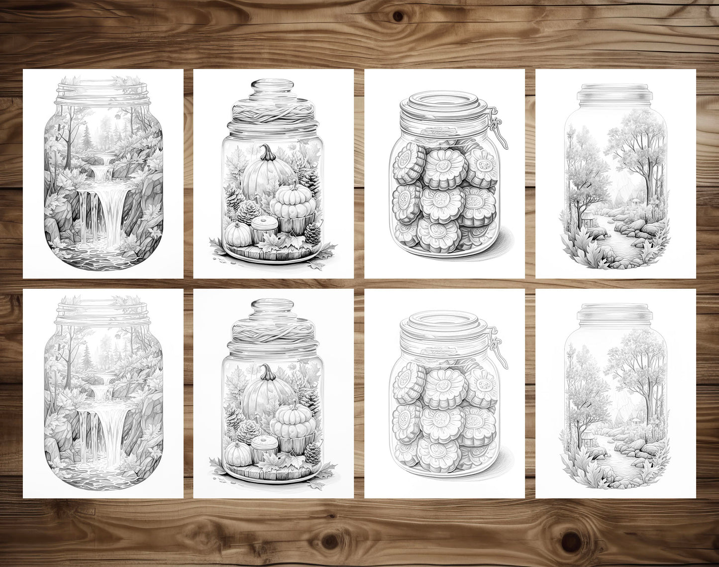 25 Autumn In Jar Grayscale Coloring Pages - Instant Download - Printable PDF Dark/Light