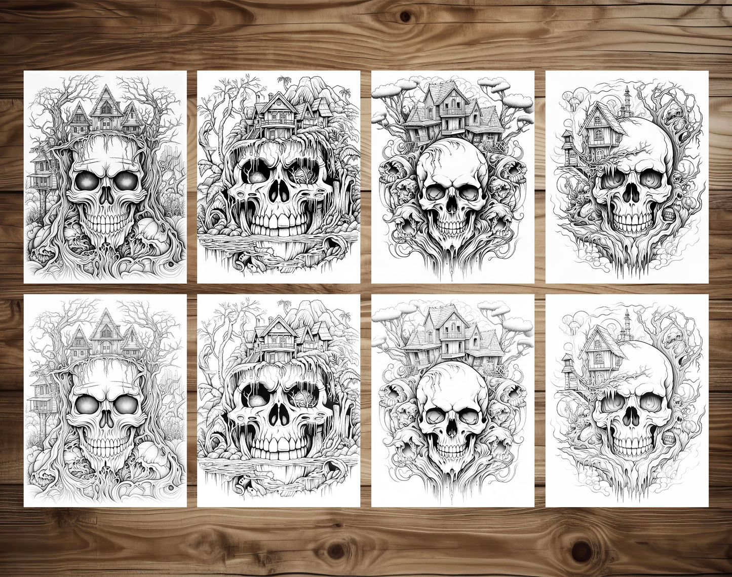 25 Horror Skull Hills Grayscale Coloring Pages - Halloween Coloring - Instant Download - Printable Dark/Light