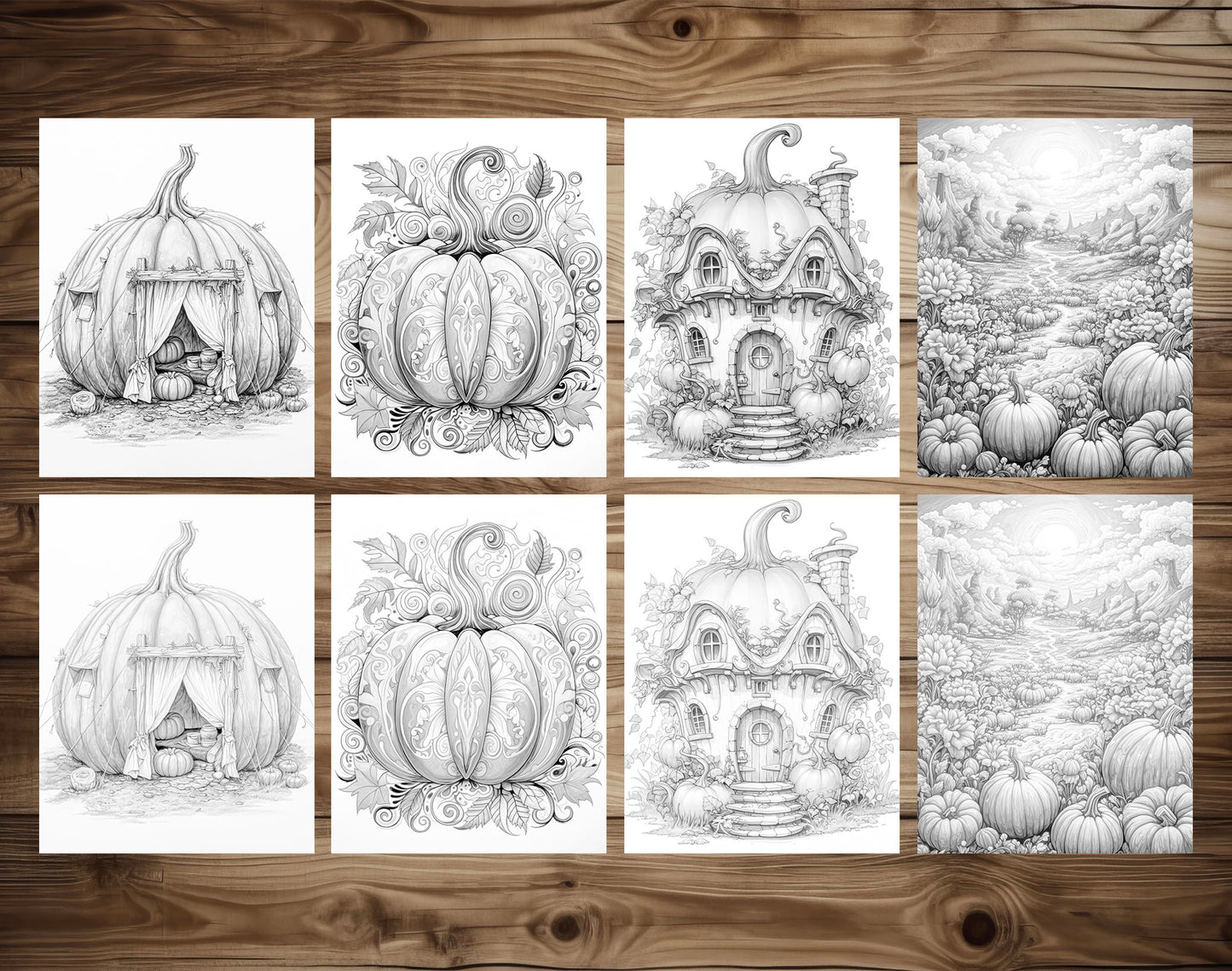 25 Pumpkin World Grayscale Coloring Pages - Instant Download - Printable PDF Dark/Light