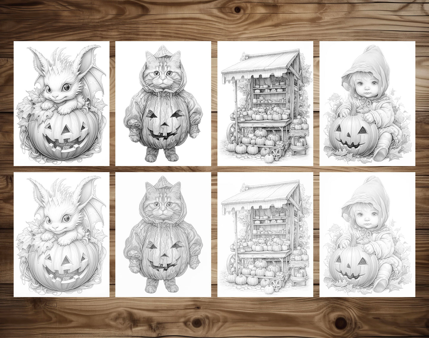 25 Pumpkin World Grayscale Coloring Pages - Instant Download - Printable PDF Dark/Light