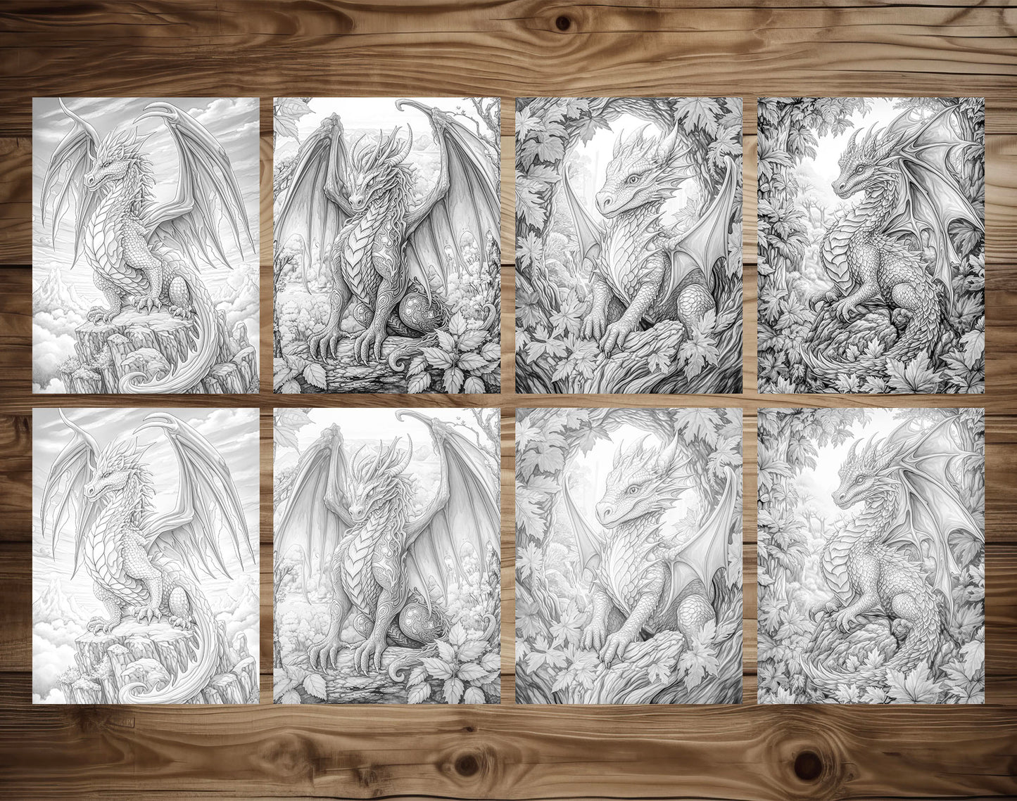 50 Autumn Dragons Grayscale Coloring Pages - Instant Download - Printable PDF Dark/Light