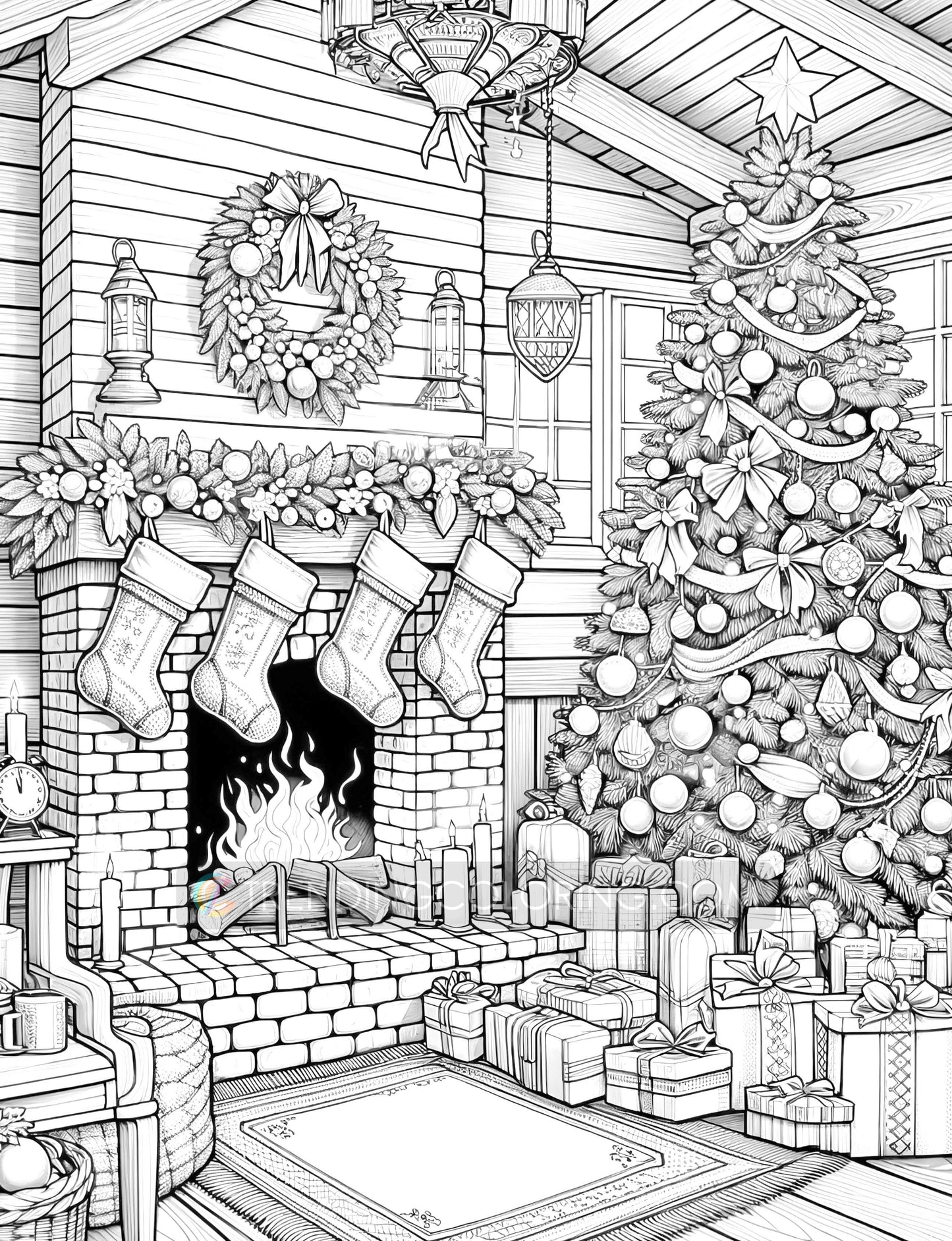 50 Christmas House Interior Grayscale Coloring Pages - Instant Download - Printable PDF Dark/Light