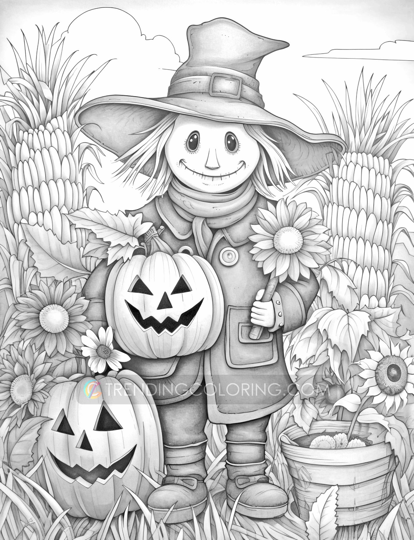 25 Scarecrow’s Adventure Grayscale Coloring Pages - Instant Download - Printable PDF Dark/Light