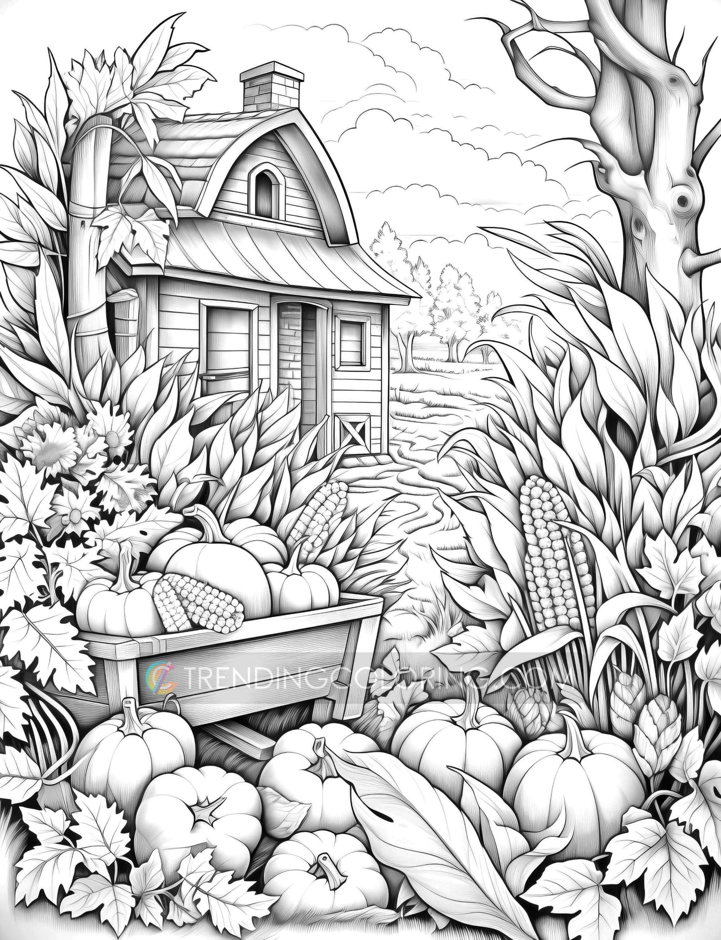 50 Autumn Farmland Grayscale Coloring Pages - Instant Download - Printable PDF Dark/Light