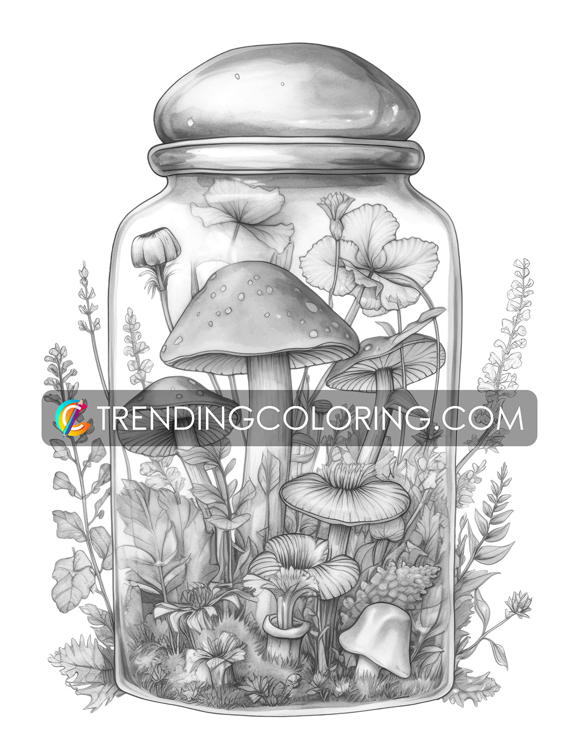 25 Mushroom Forest In Jar Grayscale Coloring Pages - Instant Download - Printable PDF Dark/Light