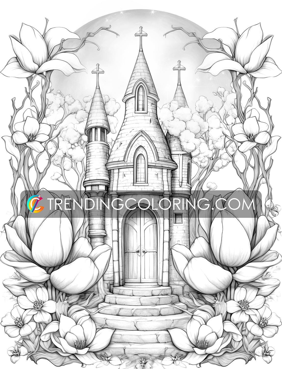 25 Blooming Castles Grayscale Coloring Pages - Instant Download - Printable PDF