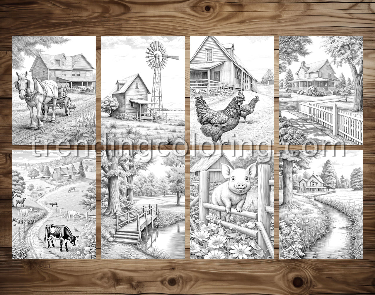 30 Country Farm Grayscale Coloring Pages - Instant Download - Printable PDF