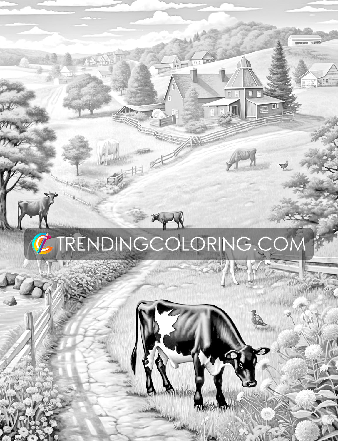 30 Country Farm Grayscale Coloring Pages - Instant Download - Printable PDF