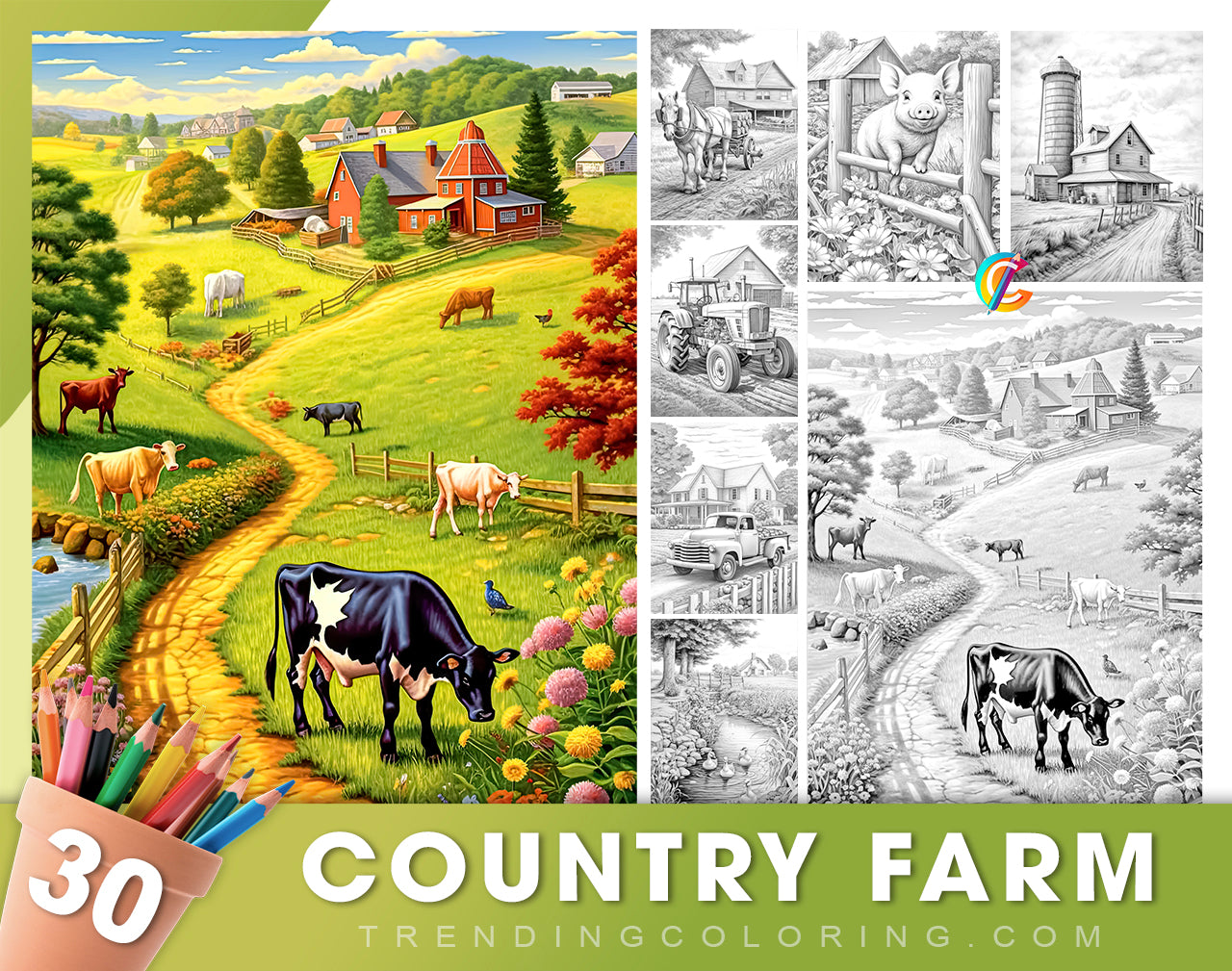 30 Country Farm Grayscale Coloring Pages - Instant Download - Printable PDF