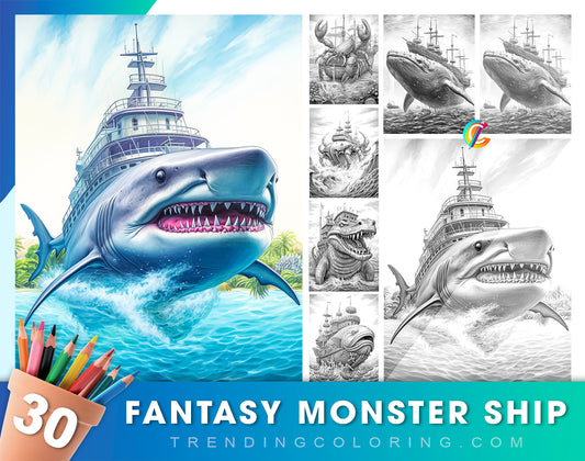 30 Fantasy Monster Ship Grayscale Coloring Pages - Instant Download - Printable